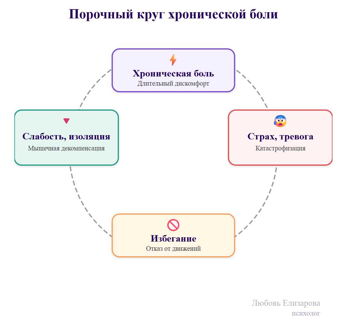 Порочный круг хронической боли: боль → страх → избегание → слабость → усиление боли