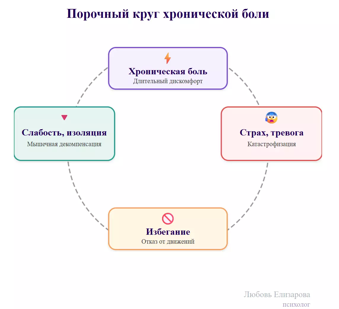 Порочный круг хронической боли: боль → страх → избегание → слабость → усиление боли