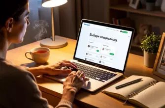 Человек сидит за ноутбуком и выбирает психолога в интернете, на экране надпись «Выбери специалиста».