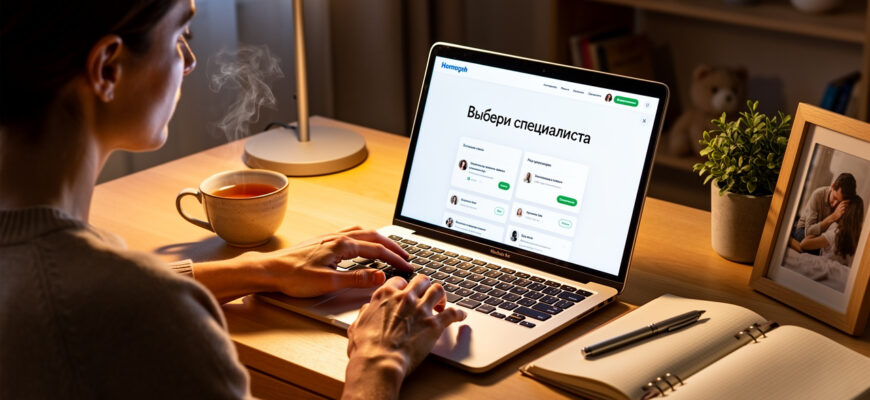 Человек сидит за ноутбуком и выбирает психолога в интернете, на экране надпись «Выбери специалиста».